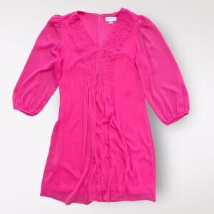 Calvin Klein Pink Pleated‎ Chiffon 3/4 Sleeves V-Neck Short Dress Size 4